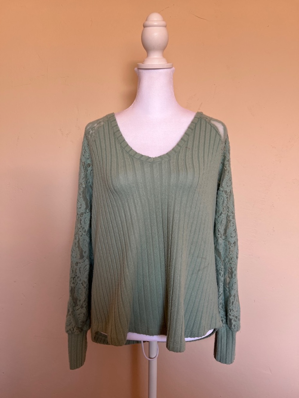 Maurices Sage Green Ribbed V-Neck Long Sleeve Top with Lace Sleeves